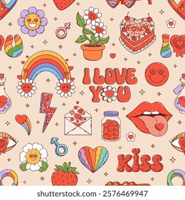 Retro groovy hippie love pattern of hearts and rainbows in 70s cartoon art, vector background. Groovy pattern of love hearts, kiss lips and psychedelic daisy flowers with wedding cake and strawberry