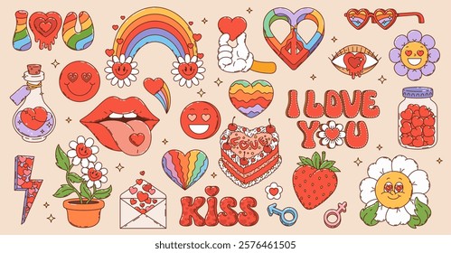 Retro groovy hippie love symbols of 70s cartoon art with hearts and rainbows, vector icons. Groovy cartoon love stickers with hippie peace sign, psychedelic kiss lips with funky daisy and I Love You