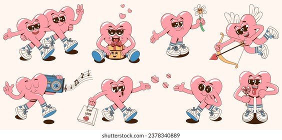 Retro groovy hippie lovely hearts characters. Cartoon romantic 60s 70s vintage Happy Valentine's day stickers, stamps or patches. Vector illustration in pink, blue and yellow colors.