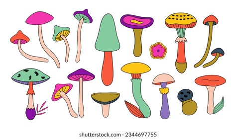 Retro groovy hippie mushrooms clipart. Psychedelic vintage fungus stickers. Good vibes. Fall, autumn. Great for icons, logos, emblems, collages. Isolated on white background.