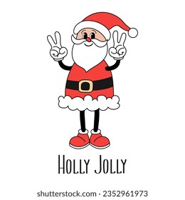 Retro Groovy hippie Santa Claus character with Holly Jolly calligraphy. Christmas Holiday card in trendy cartoon style. Vector