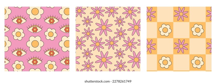 Retro groovy hippie seamless pattern set. Seamless abstract geometric pattern. Abstract floral background.