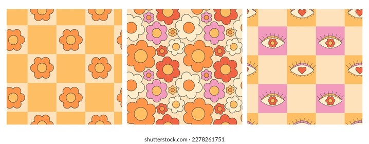 Retro groovy hippie seamless pattern set. Seamless abstract geometric pattern. Abstract floral background.