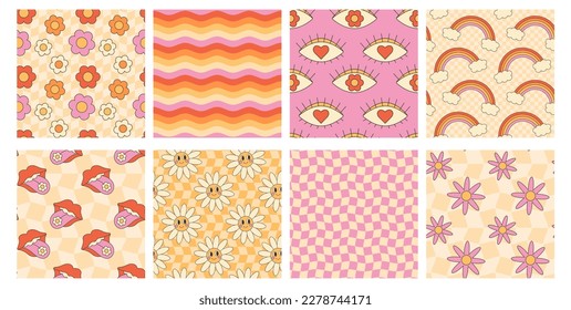 Retro groovy hippie seamless pattern set. Seamless abstract geometric pattern. Floral background. Rainbow, daisy, flower, checkerboard, mouth, tongue, wave