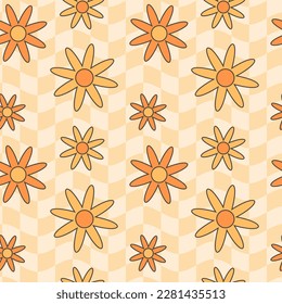 Patrón hippie retro groovy sin costuras. Patrón geométrico abstracto sin inconvenientes. Fondo floral.
