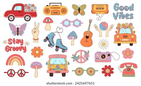 Retro groovy hippie set. 60s,70s vintage psychedelic clipart.  Cartoon funny boho stickers.