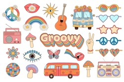Retro Groovy Hippie Set. 70s Vintage Psychedelic Clipart. Cartoon Funny Boho Stickers. 