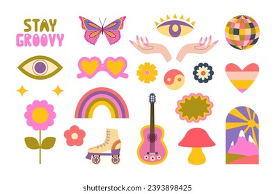 Retro groovy hippie stickers and doodles. Stay groovy. Rainbow, psychedelic mushrooms, groovy flowers, eyes, butterfly, roller skate, guitar.