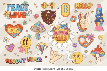 Retro groovy Hippie-Symbole von Vektorblumen, Vintage rauchen Emoji und schmelzende Gesicht Emoticon. Psychedelic funky Regenbogenpilz, Herz und Auge, Friedens- und Siegeszeichen, grooviger Hippie-Bart und Lampe