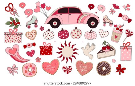 Retro Groovy Hippie valentines day clipart and vector illustration set of graphic elements. Valentines' day clipart, hearts, sweets, characters, ice cream, candy