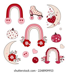 Retro groovy Hippie Valentine's day set of elements and clipart, hippie vintage vector illustration decorative elements.