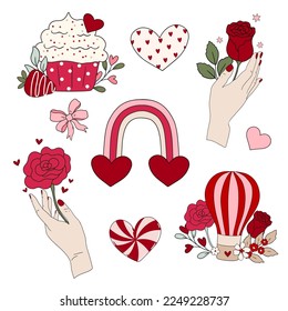 Retro groovy Hippie Valentine's day set of elements and clipart, hippie vintage vector illustration decorative elements.