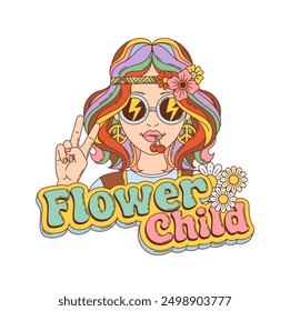 Personaje de mujer hippie groovy retro con cabello de arco iris en gafas de sol, Arte vectorial de los años 70. niña hippie en dibujos animados groovy retro con flores de margarita, pendientes de signo de paz y gesto de dedos con cita