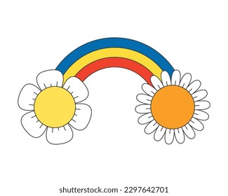 Retro groovy hipster rainbow with daisy flowers. Psychedelic hippie style iridescent colors arch and chamomiles. Vintage abstract hippy crazy sticker. Trendy y2k pop culture colourful bright element