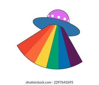 Retro groovy hipster UFO with rainbow rays. Psychedelic hippie flying saucer with iridescent colors beam. Hippy vintage abstract crazy sticker. Trendy y2k pop art colourful element. Trippy eps vector