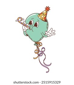 Retro groovy holiday air balloon character. Isolated cartoon vector cute balloon personage with smiling face, hat and blower, decorated with colorful ribbons, exuding festive mood during celebration