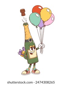 Retro groovy holiday sparkling wine character. Isolated cartoon vector champagne bottle vintage style personage holding colorful balloons and gift box, popping the cork, celebrating festive event