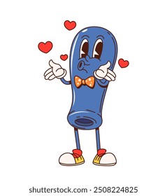 Retro groovy honeysuckle berry character. Isolated cartoon vector honeyberry with bow tie surrounded by hearts. Lovable personage with a friendly smile, exuding a sense of love, affection and charm