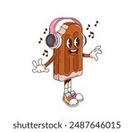 Retro groovy ice cream character with headphones, enjoying music. Isolated cartoon vector popsicle dessert personage with happy joyful expression and sneakers, dancing to musical notes with funky vibe
