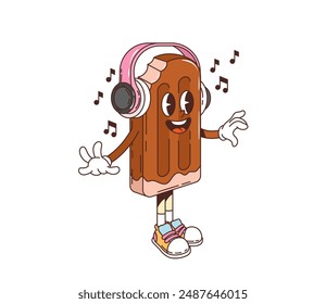 Personaje de helado retro groovy con auriculares, disfrutando de la música. Personaje aislado del postre de paletas de Vector de dibujos animados con expresión alegre feliz y zapatillas de deporte, bailando notas musicales con vibra funky