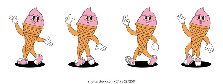 Retro groovy  ice cream characters set. 