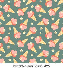 Retro groovy ice cream seamless pattern. Cute summer hand drawn vector design in flat cartoon style