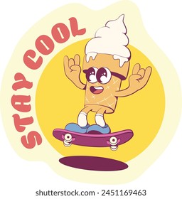 Retro groovy ice-cream mascot character sticker