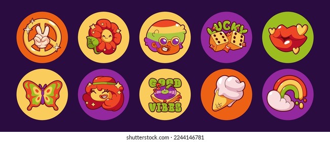 Retro groovy icons with hippie characters, flower, butterfly, rainbow, ice cream, peace sign and dices. Vintage circle stickers with funky symbols, vector set in contemporary style