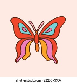 Retro groovy insect butterfly. Colorful vector illustration in vintage style. Nostalgic seventies design element or icon