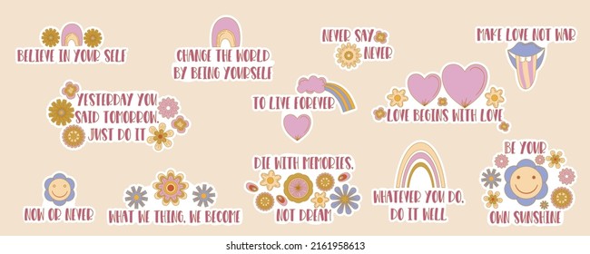 Retro groovy inspirational stickers set. Y2k aesthetic hippie. Trend vector illustration. Rainbow, flower and heart graphic. Vector illustration design. Sticker pack. Hippie aesthetic