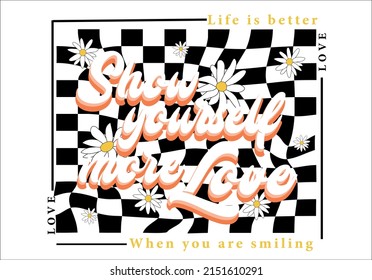 retro groovy inspire more love slogan print with hippie typography, flowers and checkered background for tee t shirt or poster, vector illustration