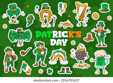 Retro groovy Irish saint Patrick day stickers. Cartoon patches with Ireland holiday characters and items. Leprechauns, clover, pot of gold, rainbow and bow tie. Tankard with ale or harp festive decor