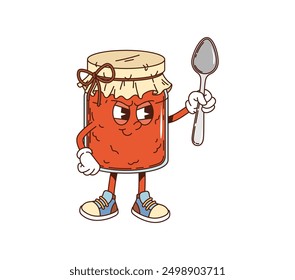 Tarro de mermelada groovy retro o carácter funky del desayuno con la cara, Vector de la historieta. Personaje de mermelada cómica retro groovy o tarro de mermelada de frutas con cuchara y cara gruñona para niños emoji de comida cómica de desayuno