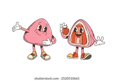 Retro groovy japanese daifuku mochi dessert characters. Isolated cartoon vector pink candy personages with strawberry and smiling faces, wearing shoes, and gesturing, evoking a playful and fun vibe