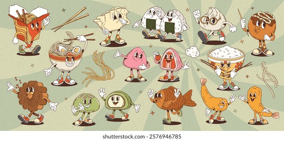 Retro groovy japanese, korean and chinese asian cuisine food and dessert characters. Vector onigiri sushi, rice bowl, fried noodles and ramen soup personages. Groovy fish cake and wonton dumplings