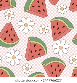 Retro groovy juicy ripe watermelon slice with daisy flowers on checkerboard vector seamless pattern. Hand drawn natural organic healthy food vegetables fruit floral background.