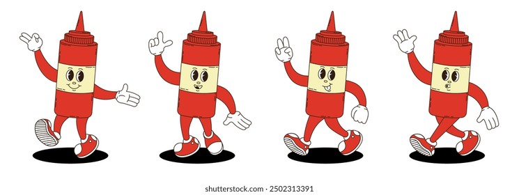 Retro groovy ketchup characters set.