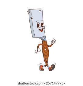 Retro groovy kitchenware and utensil ax character. Butcher cleaver ax or cooking equipment retro cartoon vector personage. Kitchen tool happy mascot or isolated cookware ax funny groovy character