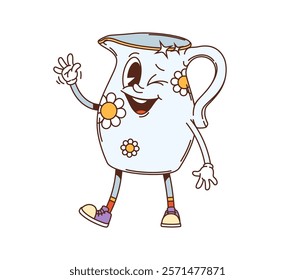 Retro groovy kitchenware and utensil jug character. Kitchen porcelain pitcher with daisy flowers retro groovy vector personage. Household cookware happy mascot or ceramic mild mug cheerful character