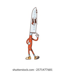 Retro groovy kitchenware and utensil knife character. Cooking kitchenware vintage groovy vector happy mascot. Kitchen tool cheerful character or restaurant chef knife cute isolated cartoon personage