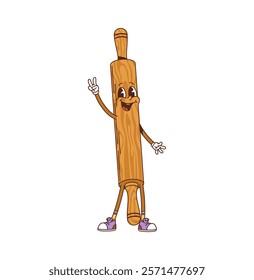 Retro groovy kitchenware and utensil rolling pin character. Cooking crockery groovy vector character. Household baker wooden rolling pin happy personage or kitchen utensil cheerful cartoon mascot