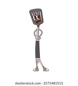 Retro groovy kitchenware and utensil spatula character. Household equipment cheerful 60s 70s groovy vector personage, cooking crockery funny mascot or kitchen metal spatula cute groovy character