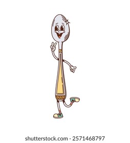 Retro groovy kitchenware and utensil spoon character. Kitchen teaspoon funny vintage isolated cartoon vector character. Household silver tablespoon groovy mascot or cooking crockery cute personage