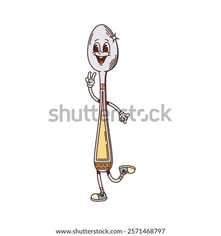 Retro groovy kitchenware and utensil spoon character. Kitchen teaspoon funny vintage isolated cartoon vector character. Household silver tablespoon groovy mascot or cooking crockery cute personage