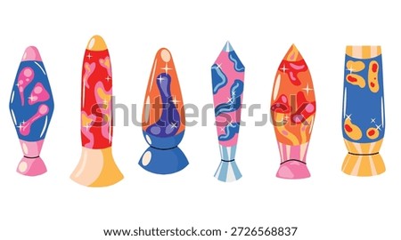 Retro groovy lava lamp set in Y2K aesthetic. Psychedelic vintage nightlight collection with liquid bubbles and sparkles. Colorful 70s style vector illustration isolated on white.