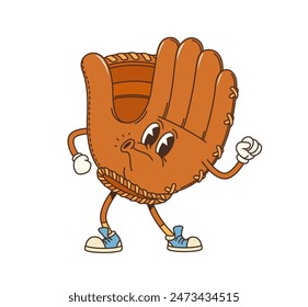 Retro groovy leather baseball glove character. Isolated cartoon vector playful sports equipment personage with a smiling face and sneakers exudes a sense of fun, nostalgia and vintage hippie vibes