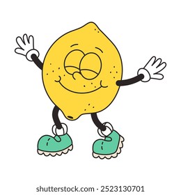 Retro groovy lemon character. Funny vintage mascot vector element. Food, berry. Cartoon vector illustration