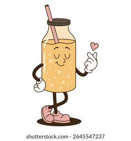 Limonada groovy retro com personagem de palha fazendo Finger Heart Gesture