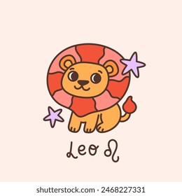 Retro groovy Leo, signo del zodiaco. Pequeño animal celestial de león en astrología, símbolo del horóscopo en estilo vintage. Constelación de estrellas, el elemento de fuego. Lindo personaje de dibujos animados. Ilustración vectorial aislada