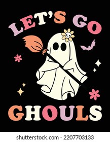 Retro Groovy Let's Go Ghouls Halloween Ghost Costume Halloween shirt print template, Halloween scary witch bat floral shirt design